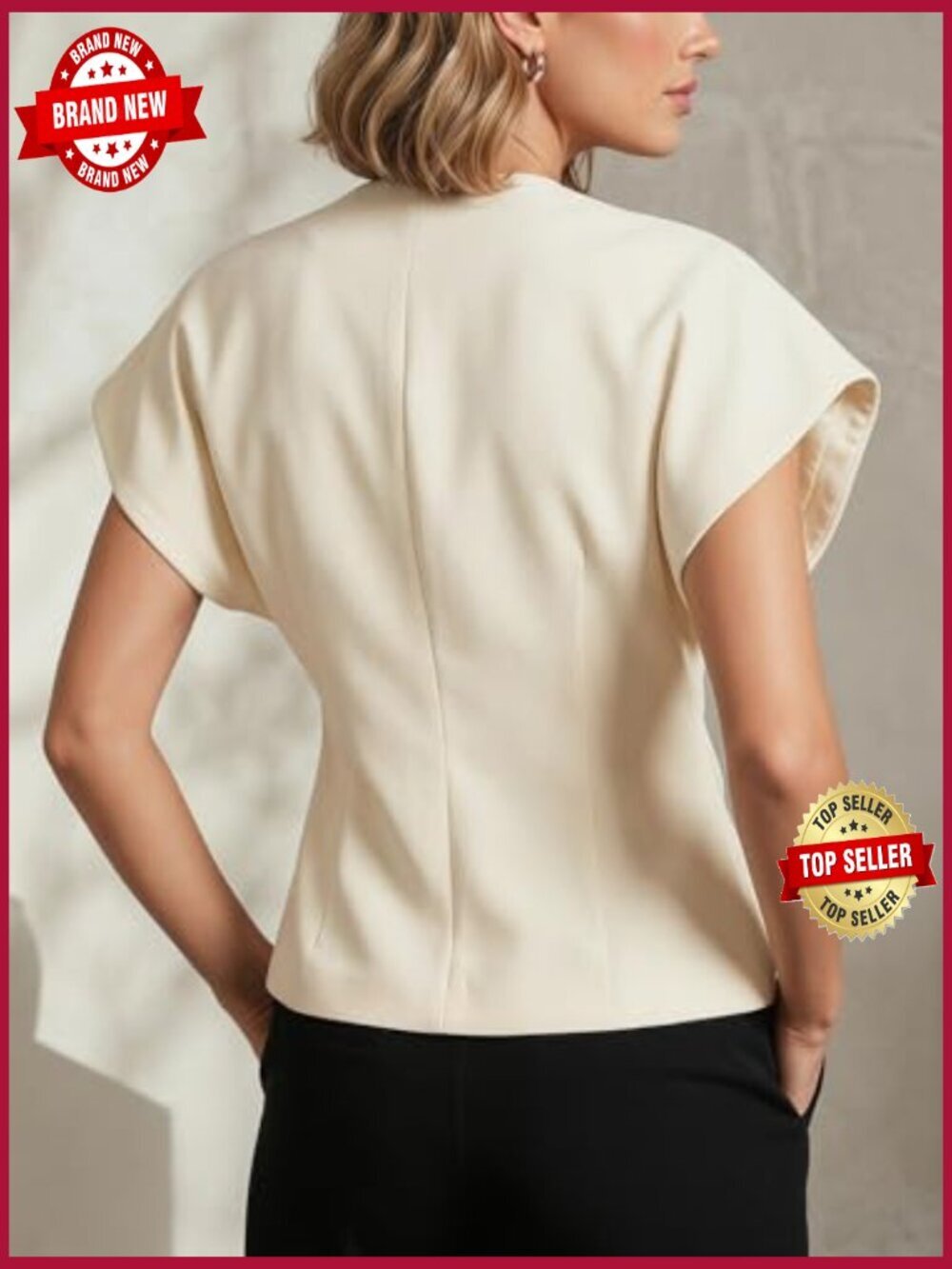 V Neck Asymmetrical Hem Short Sleeve Blazer Tops Button Down Work Shirt - Picture 2 of 4